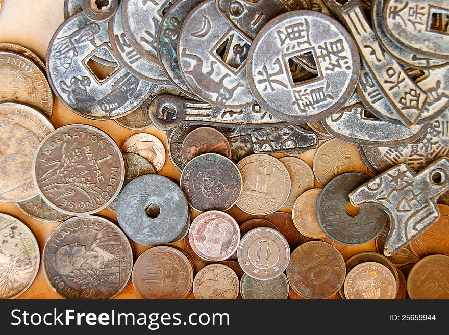 Piles of coins and souvenirs in Siamreap, Khmer Republic