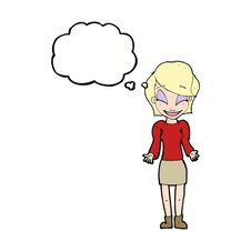 Free Cartoon Happy Woman Shrugging Shoulders With Thought Bubble Stock Photo - 256501360