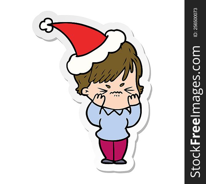 hand drawn sticker cartoon of a frustrated woman wearing santa hat
