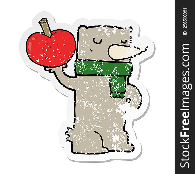Distressed Sticker Of A Cartoon Bear With Apple