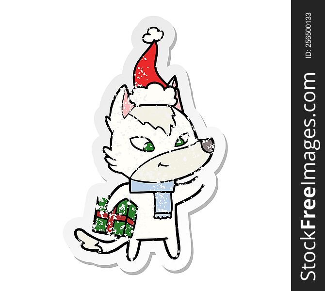 Friendly Distressed Sticker Cartoon Of A Christmas Wolf Wearing Santa Hat