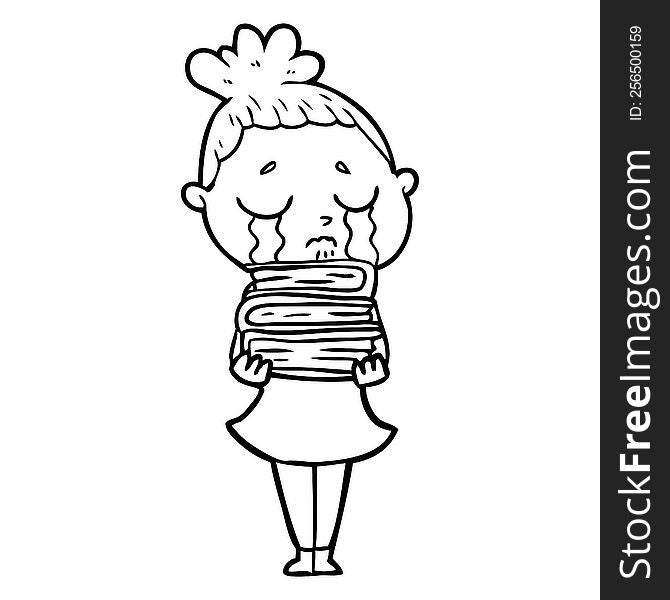 cartoon crying woman with stack of books. cartoon crying woman with stack of books