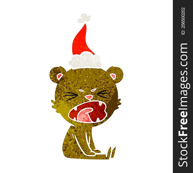 angry hand drawn retro cartoon of a bear wearing santa hat. angry hand drawn retro cartoon of a bear wearing santa hat