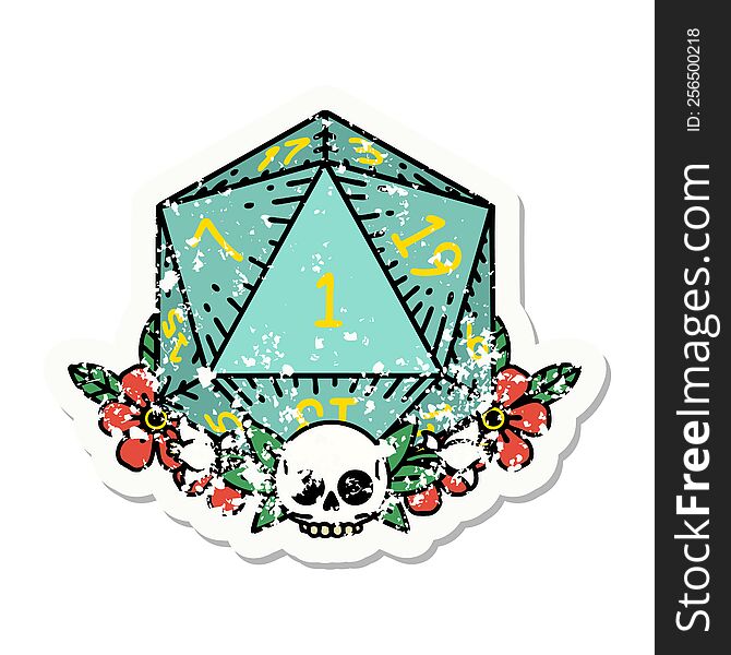 Natural One Dice Roll With Floral Elements Grunge Sticker
