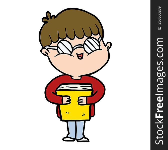 cartoon boy wearing spectacles carrying book. cartoon boy wearing spectacles carrying book