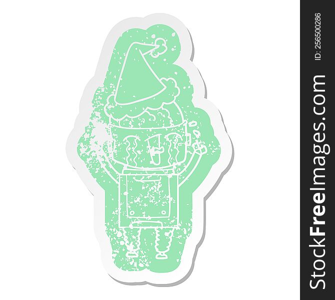 Cartoon Distressed Sticker Of A Crying Robot Wearing Santa Hat