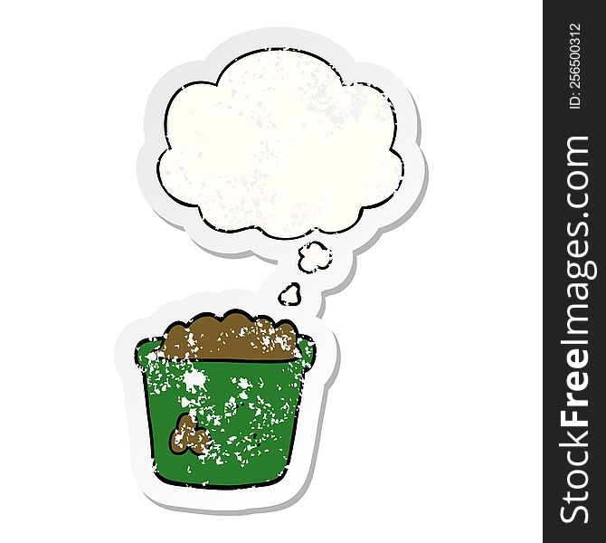 cartoon pot of earth with thought bubble as a distressed worn sticker