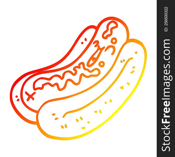 Warm Gradient Line Drawing Cartoon Hotdog With Mustard