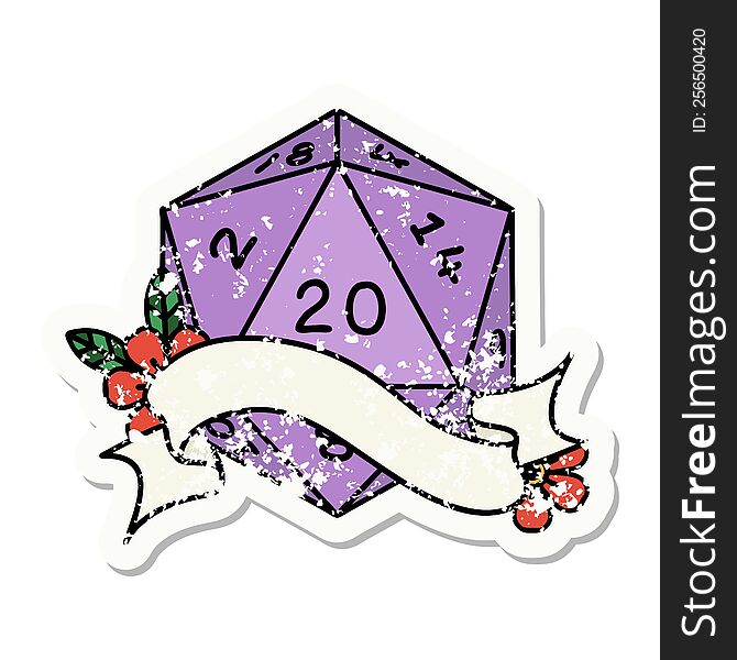 grunge sticker of a natural twenty D20 dice roll. grunge sticker of a natural twenty D20 dice roll