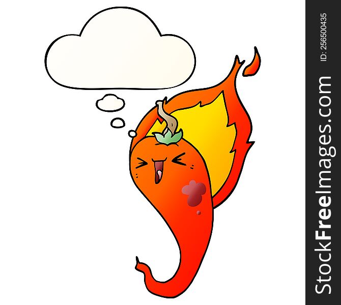cartoon flaming hot chili pepper with thought bubble in smooth gradient style
