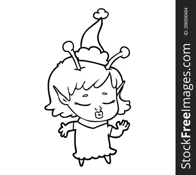 Cute Alien Girl Line Drawing Of A Wearing Santa Hat