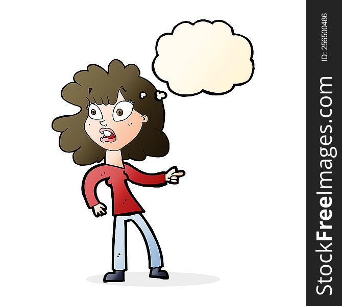 Cartoon Worried Woman Pointing With Thought Bubble