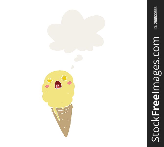 Cartoon Shocked Ice Cream And Thought Bubble In Retro Style