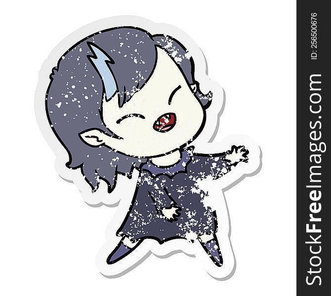 distressed sticker of a cartoon laughing vampire girl