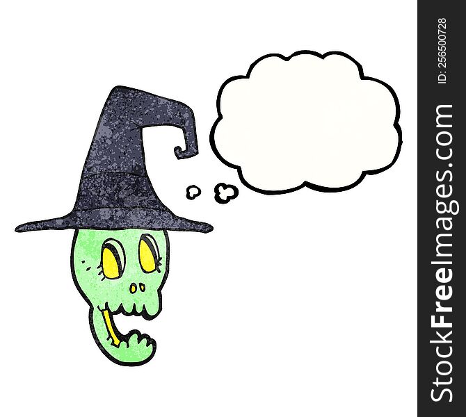 Thought Bubble Textured Cartoon Skull Wearing Witch Hat