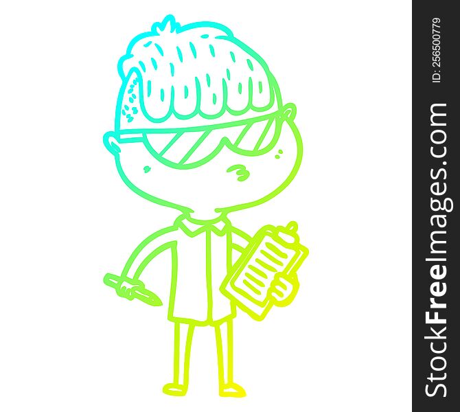cold gradient line drawing of a cartoon boy wearing sunglasses