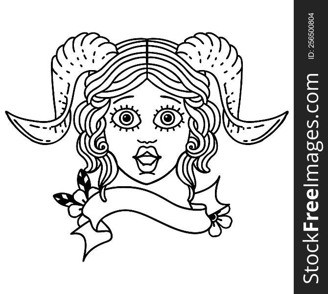 Black and White Tattoo linework Style tiefling character face. Black and White Tattoo linework Style tiefling character face