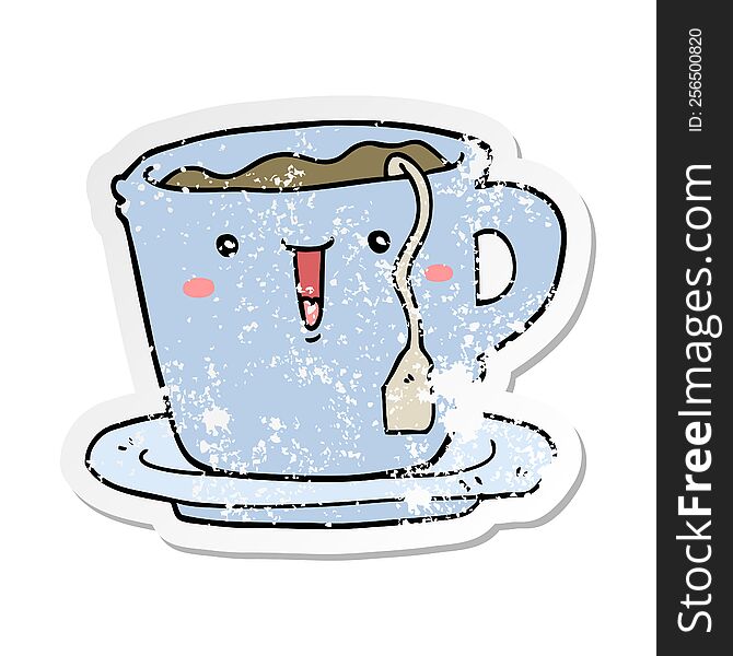 Distressed Sticker Of A Cute Cartoon Cup And Saucer