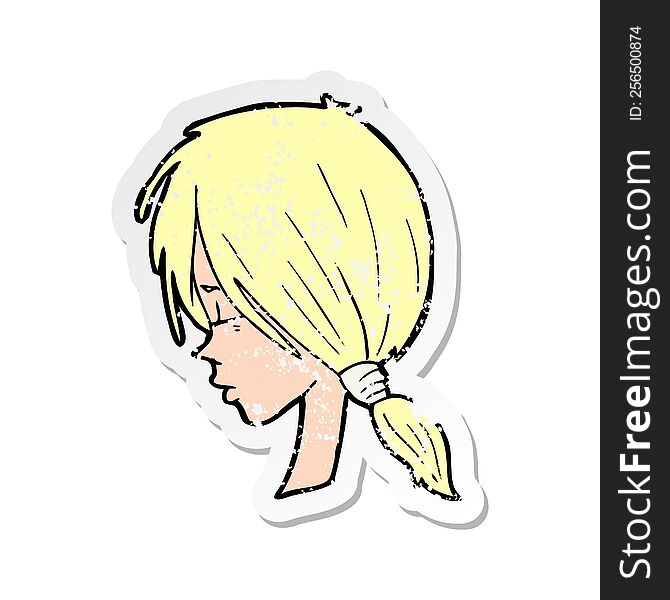 retro distressed sticker of a cartoon girl looking thoughtful