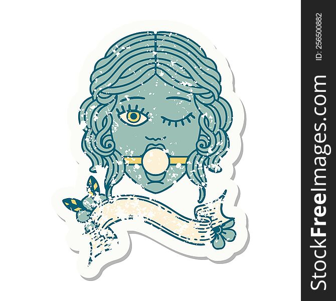 grunge sticker with banner of winking female face with ball gag