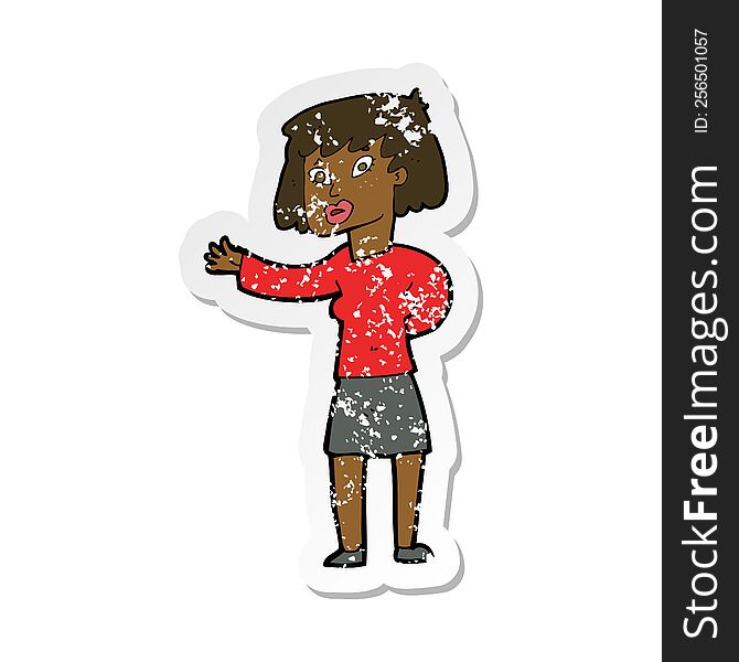 Retro Distressed Sticker Of A Cartoon Woman Explaining