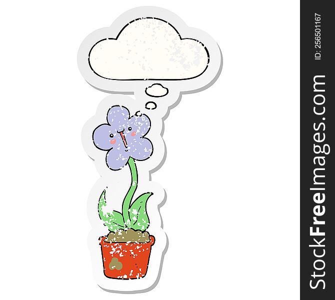 Cute Cartoon Flower And Thought Bubble As A Distressed Worn Sticker