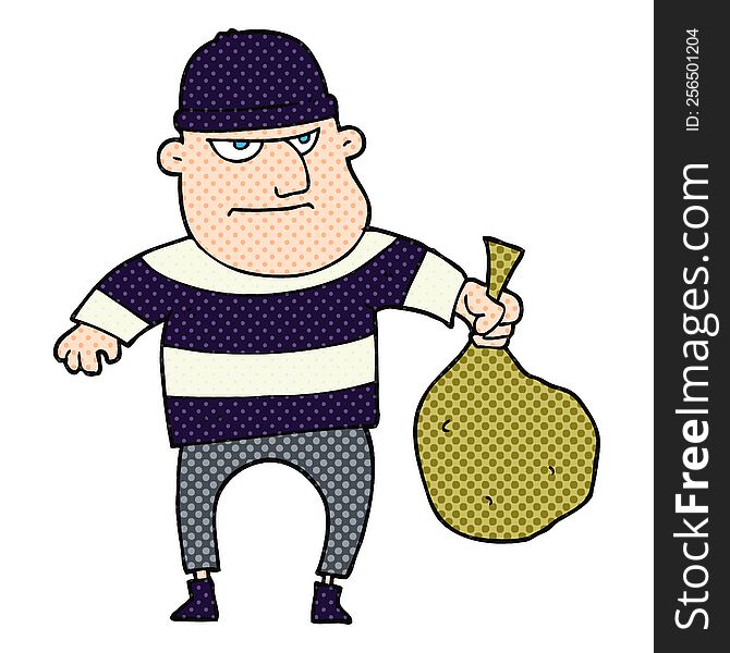 Cartoon Burglar With Loot Bag