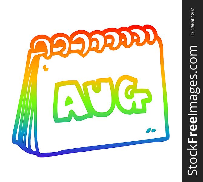 rainbow gradient line drawing of a cartoon calendar showing month of august