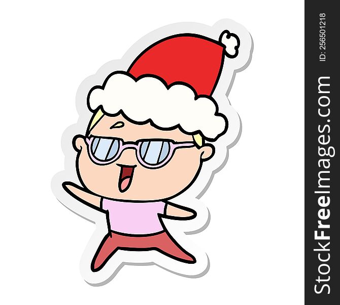 hand drawn sticker cartoon of a happy woman wearing spectacles wearing santa hat