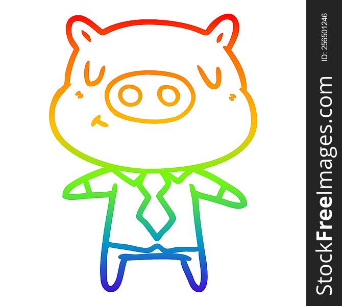 rainbow gradient line drawing of a cartoon content pig in shirt and tie