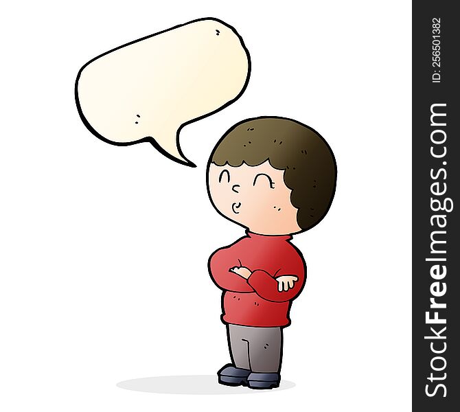 cartoon boy with folded arms with speech bubble