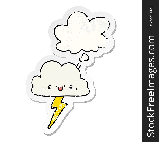 cartoon storm cloud with thought bubble as a distressed worn sticker