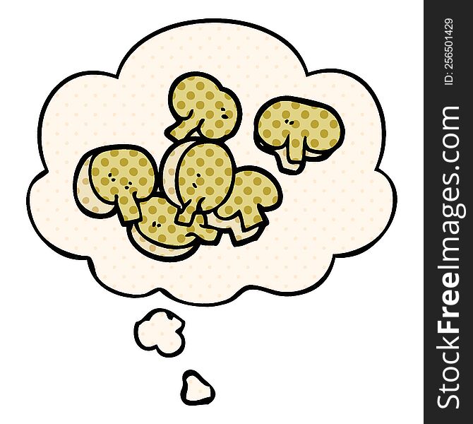 cartoon chopped mushrooms with thought bubble in comic book style
