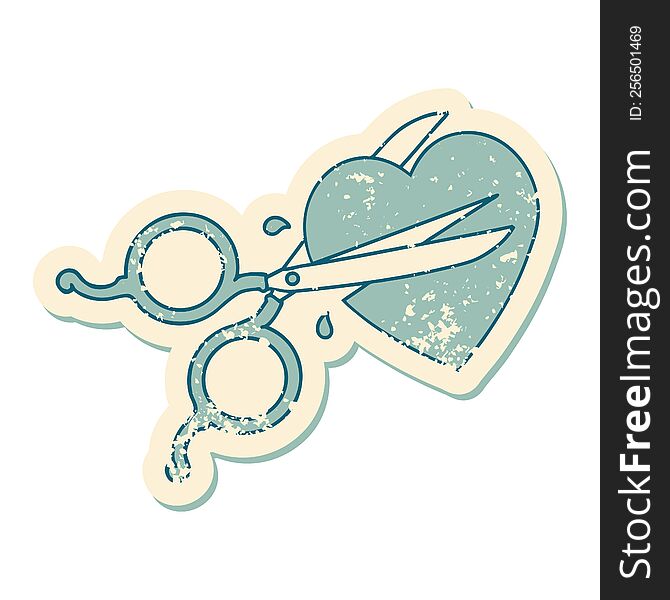 iconic distressed sticker tattoo style image of scissors cutting a heart. iconic distressed sticker tattoo style image of scissors cutting a heart