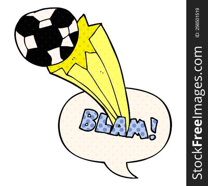 cartoon kicked soccer ball with speech bubble in comic book style