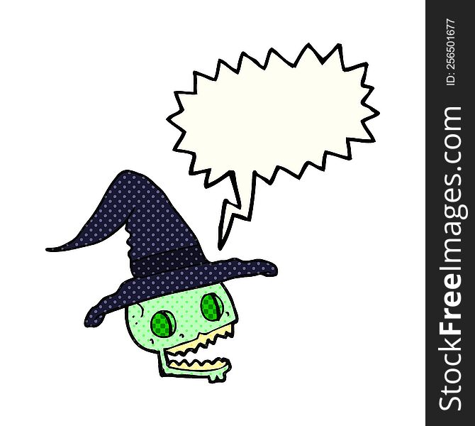 freehand drawn comic book speech bubble cartoon skulll wearing witch hat. freehand drawn comic book speech bubble cartoon skulll wearing witch hat