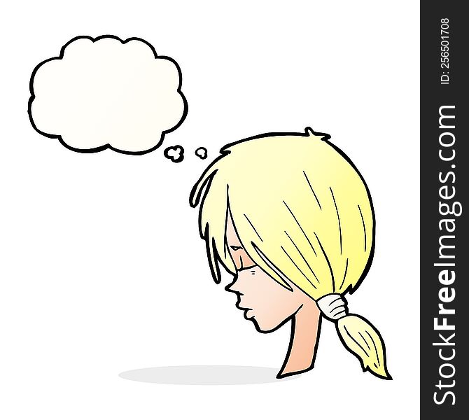 cartoon girl looking thoughtful with thought bubble