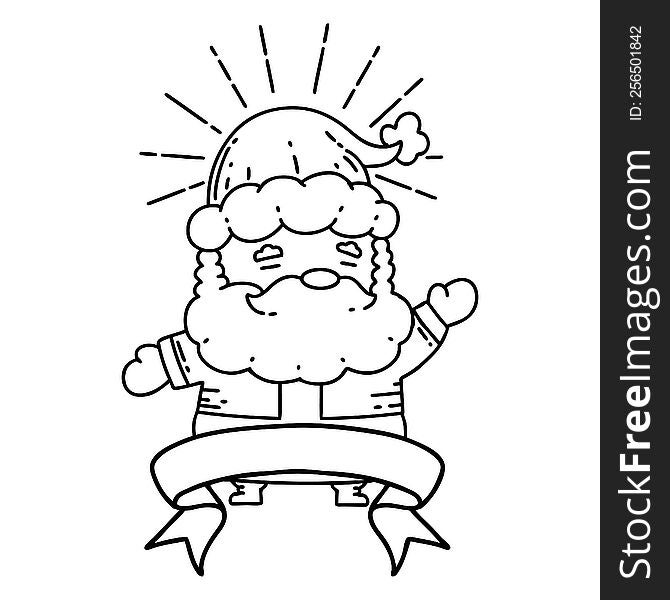 scroll banner with black line work tattoo style santa claus christmas character