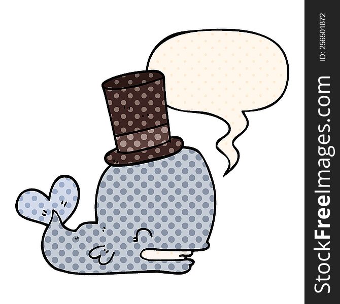 Cartoon Whale Wearing Top Hat And Speech Bubble In Comic Book Style