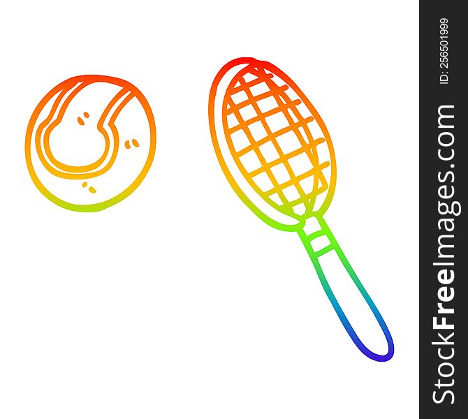 rainbow gradient line drawing of a cartoon tennis racket and ball