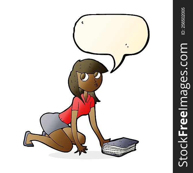 Cartoon Girl Picking Up Book With Speech Bubble