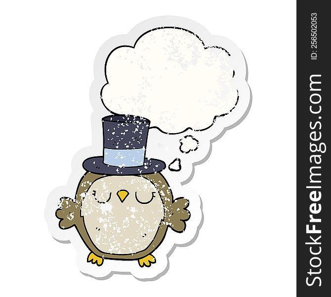 cartoon owl wearing top hat with thought bubble as a distressed worn sticker