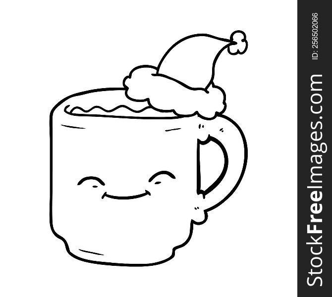 hand drawn line drawing of a coffee mug wearing santa hat