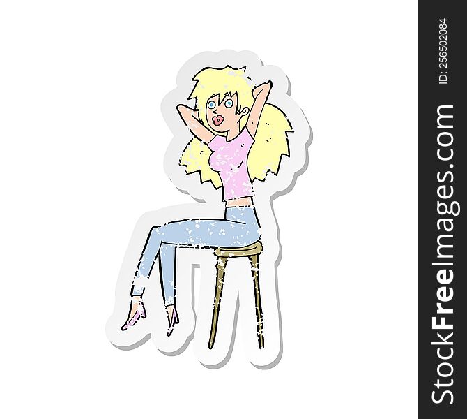 retro distressed sticker of a cartoon woman posing on stool