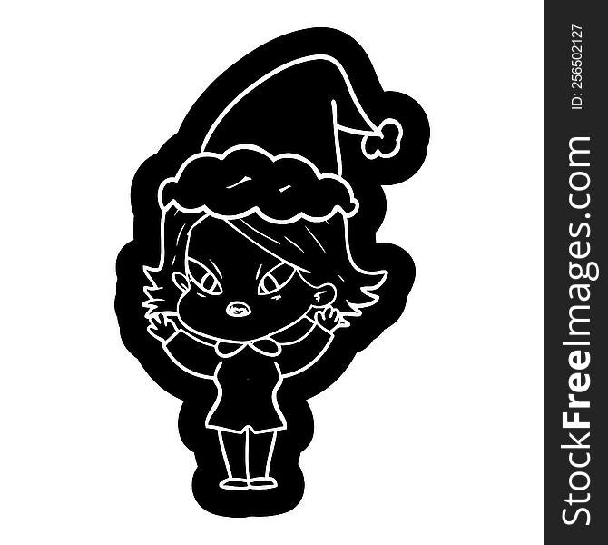 quirky cartoon icon of a stressed woman wearing santa hat