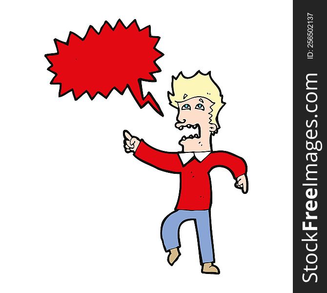 Cartoon Frightened Man Pointing With Speech Bubble