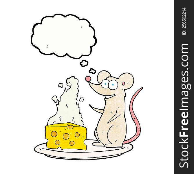 freehand drawn thought bubble textured cartoon mouse with cheese