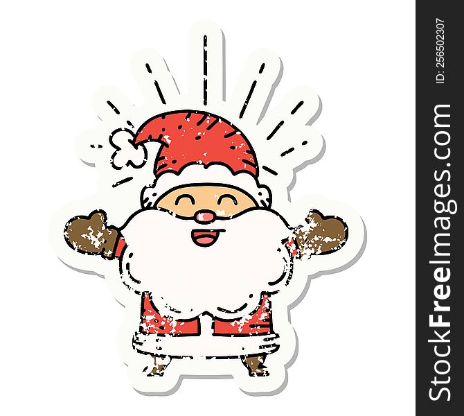 worn old sticker of a tattoo style happy santa claus christmas character. worn old sticker of a tattoo style happy santa claus christmas character