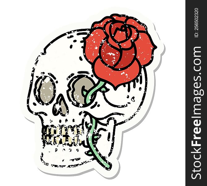 distressed sticker tattoo in traditional style of a skull and rose. distressed sticker tattoo in traditional style of a skull and rose
