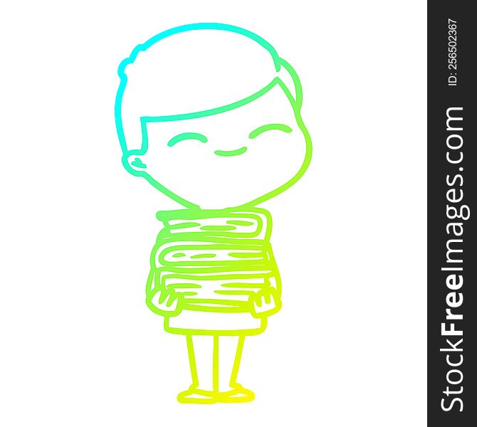 cold gradient line drawing of a cartoon smiling boy with stack of books